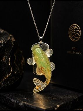 Handmade Koi Fish Pendant Necklace Resin Art Silver Statement Jewelry